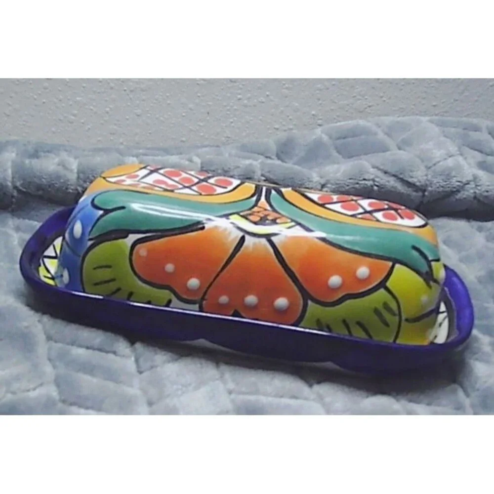 Talavera Butter Dish Hand Painted Floral Folk Art Pottery Mexico 7x3.25x2.5
